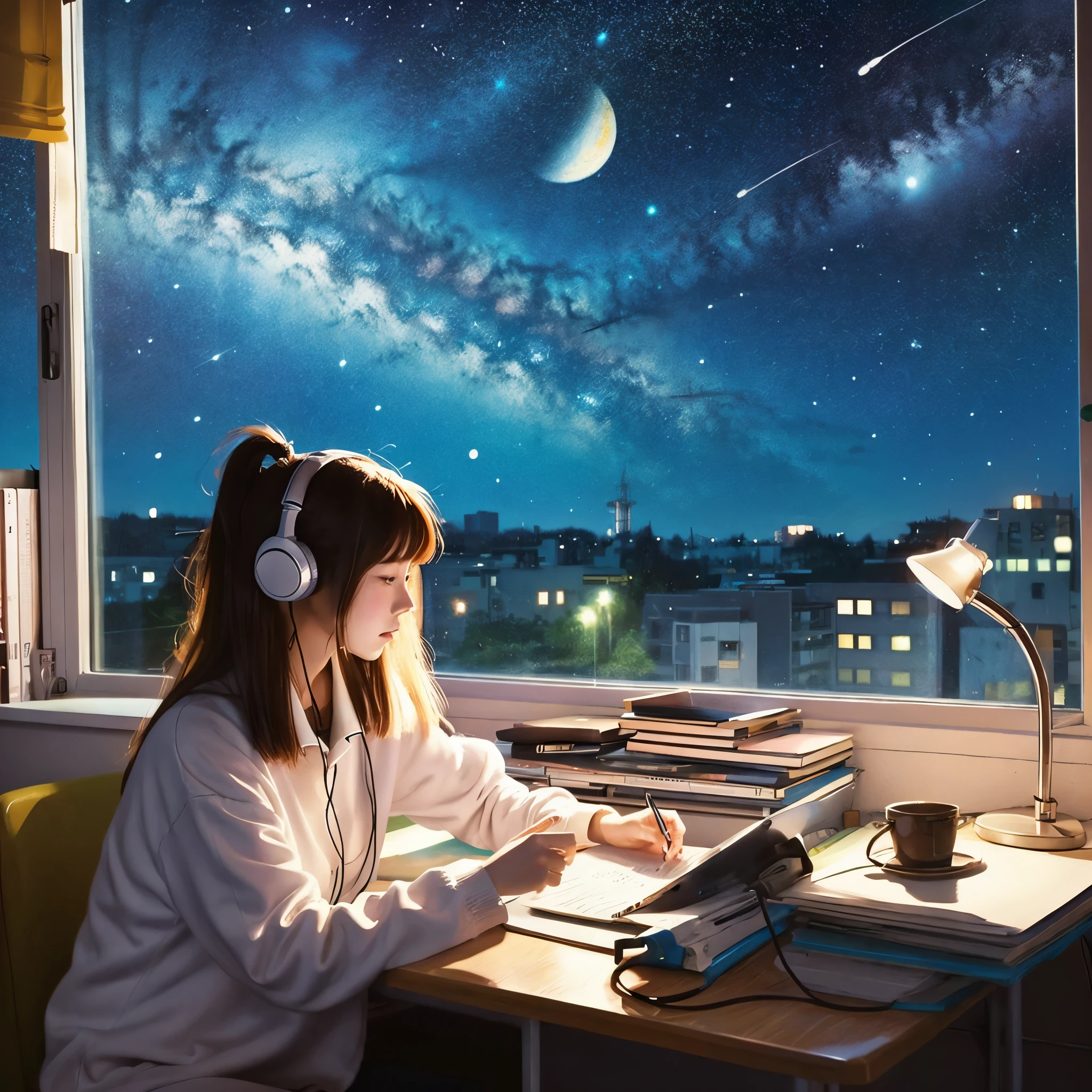 Pale anime illustration、80's、A girl is working or studying in her room at night while listening to music with earphones。The starry sky is spreading out from the window。