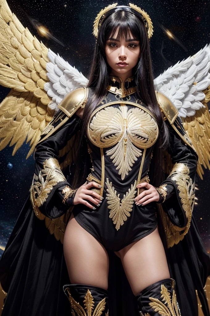 Best quality, 8K,woman, beautiful and detailed face, straight long hair,big eyelashes,(((black and gold embroided space armour))),((big open angel´s WHITE wings)),armlets,black belt,(((HANDS ON HIPS))),high heels over the knee boots,white neutral scenario,DYNAMIC ANGLE, ((dynamic pose))