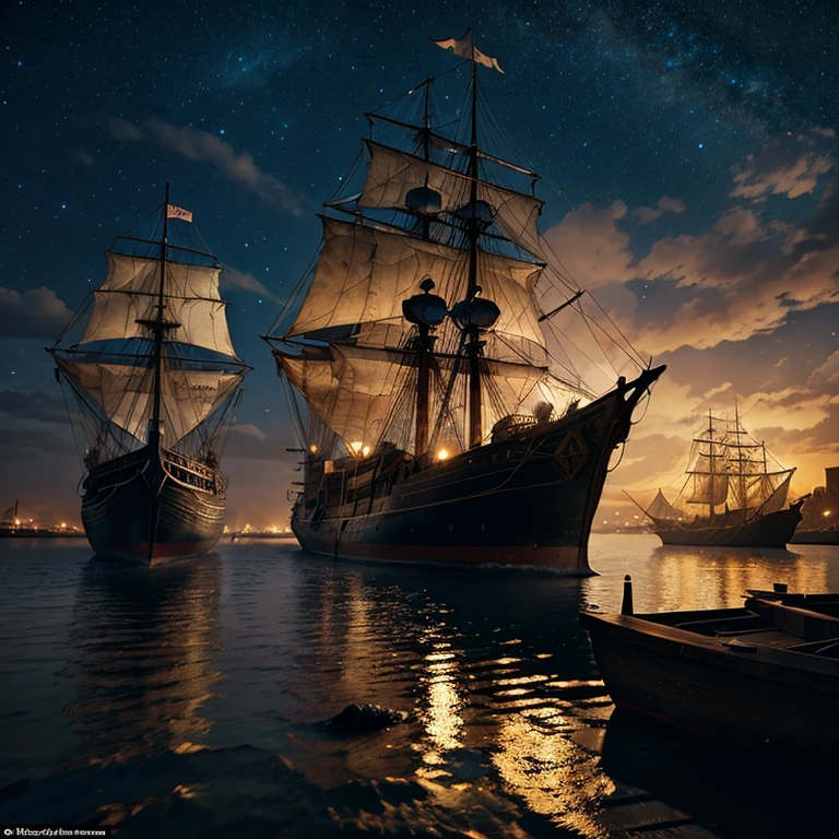 dystopian style ethereal fantasy concept art of Digital illustration, A Spanish pirate ship, majestic and foreboding, moored in the bustling port of a pirate town at night. The ship's intricate design and towering masts stand out against the dark night sky, illuminated by the flickering lights from the town. The town itself is alive with activity, its streets teeming with people from all walks of pirate life