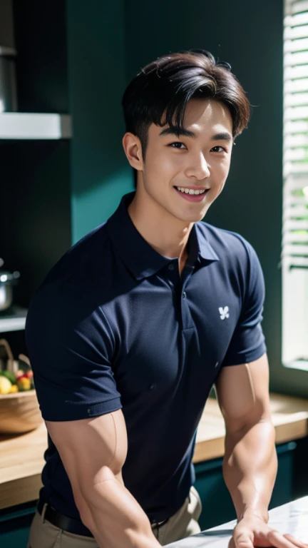 1 man, smile, (Wear a navy polo shirt.: 1.3), round neck, short sleeve shirt), Camouflage pants ,, Korean guy , korean men, (High gloss details), chest muscles, Big arm muscles, blood vessel, big muscles, Broad shoulders, looking at the audience, Balancing the eyes, (Make eye contact),(in the kitchen: 1.4)