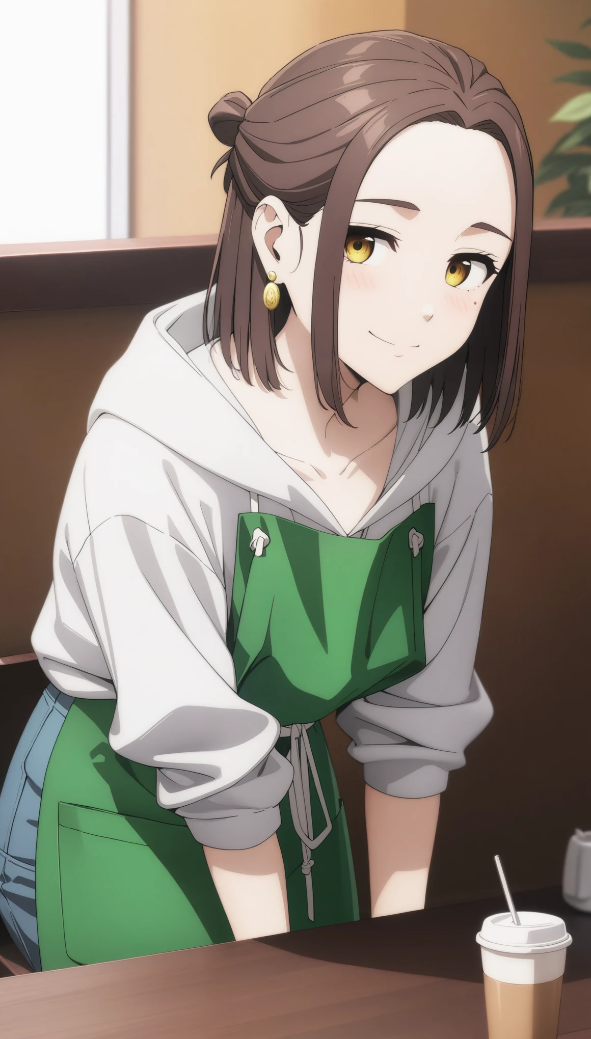 (masterpiece, best quality, very aesthetic, ultra detailed), intricate details,
1girl, kotohaalt, short hair, forehead, mole, earrings, jewelry, collarbone, hoodie, hood down, green apron, smile, looking at viewer, sitting, cafe,