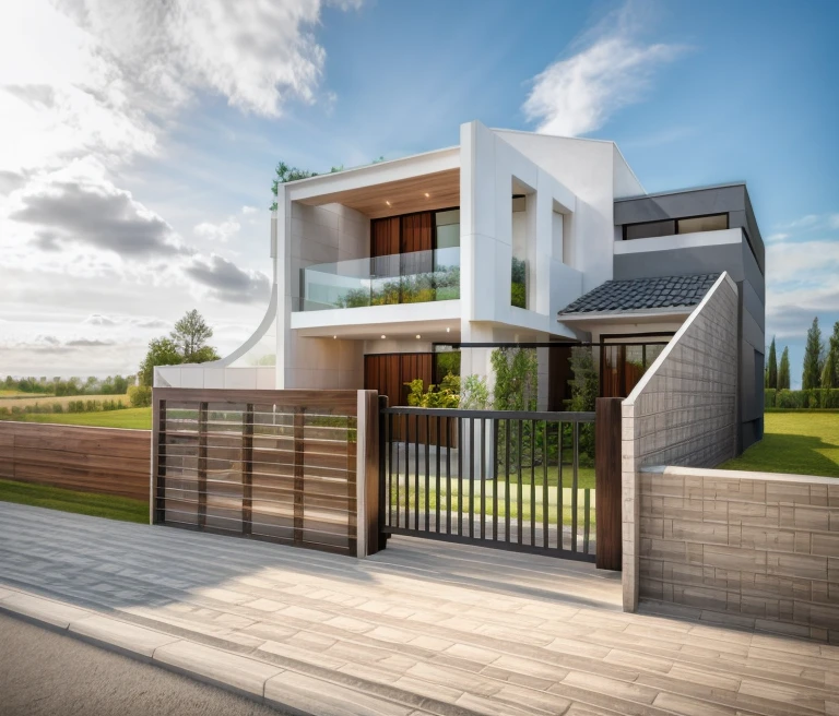 exterior house, contemporary style, white wall, wood wall, wood door, glass window, (realistic:1.2), Masterpiece, high quality, best quality, authentic, super detail, outdoors,road,pavement, grass, trees, sky, cloud, (daylight:1.1)