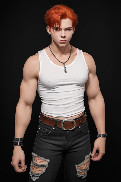 20 year old boy red hair layered cut honey eyes sleeveless shirt muscular build athletic slim ear piercing black jeans black leather belt silver buckle background of New Orleans at night