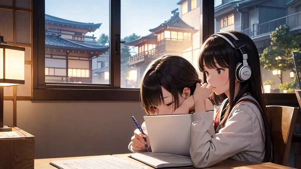 Masterpiece, top quality, 16K UHD,
A cute Japanese girl, (studying or working) at her desk,
Relax,
Night,
Real,
Focusing,
Gentle feeling,
Wearing headphones,
Side view,
There's a kitten nearby,
I'm studying hard,
cat is watching,
Outside the window (night's street)

Masterpiece, top image quality, high resolution, image 4k,
A real-life scene,
A cute Japanese girl, deeply engrossed in her work or study,
Relax ambiance,
Night time setting,
Focusing int