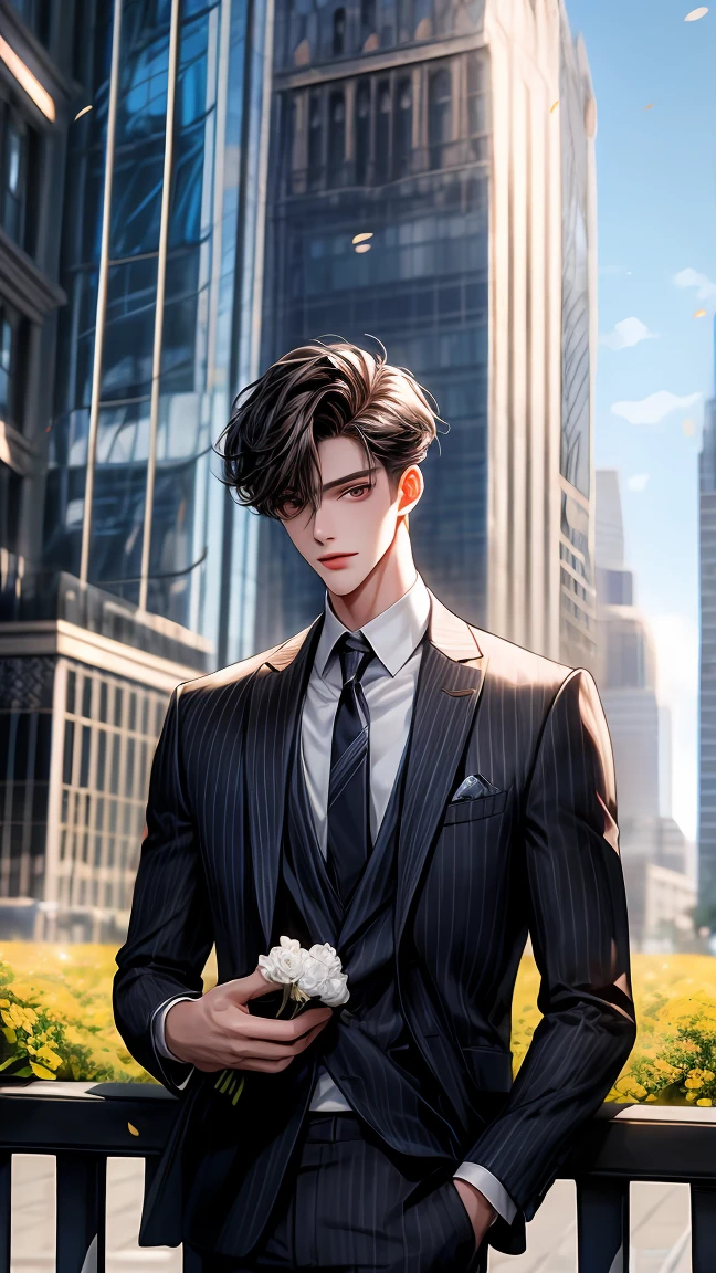 a man standing and holding flowers and he is very happy in front of a tall building, manhwa, male ulzzang, yanjun chengt, handsome chad chin, anime handsome man, secret romance, (good looking ), wearing elegant casual clothes, webtoon, hwang se - on, ( ( god king of ai art ) ), name of the character is chad, webtoons, handsome stunning realistic