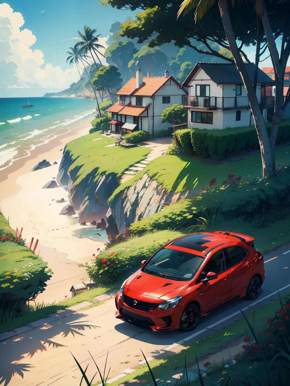 Illustration, anime style, red Cars on the edge of the beach, thick grass, dense houses on the edge of the beach, rich boats , shot side car