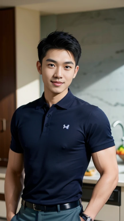 1 man, smile, (Wear a navy polo shirt.: 1.3), round neck, short sleeve shirt), Camouflage pants ,, Korean guy , korean men, (High gloss details), chest muscles, Big arm muscles, blood vessel, big muscles, Broad shoulders, looking at the audience, Balancing the eyes, (Make eye contact),(in the kitchen: 1.4)