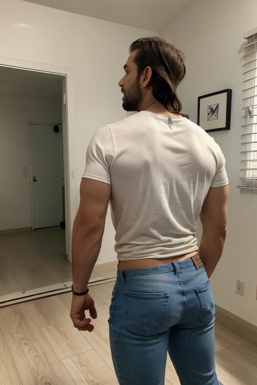 Realistic 8K image of a 33-year-old man, rubio, Fuerte, musculoso y muy nalgon, cuerpo completo, cabello corto, Vestido con una camiseta blanca y jeans, de pie en la sala de estar de un apartamento sencillo, escena nocturna. Manly backside