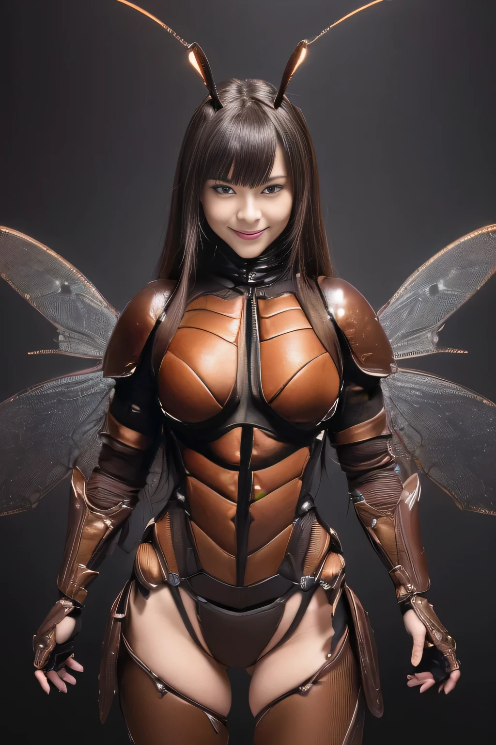 (high resolution,masterpiece,best quality,extremely detailed CG, anime, official art:1.4), realistic, photo, amazing fine details, all intricate, gloss and shiny,awesome many layers, 8k wall paper, 3d, sketch, kawaii, illustration,( solo:1.4), perfect female proportion,villainess, (fusion of dark brown cockroach and lady:1.4), (brown cockroach form lady:1.2), (brown cockroach lady:1.2), (fusion:1.2), (solo:1.4), (evil smile:1.2), muscular, abs, (cockroach brown exoskeleton bio insect suit:1.4), (cockroach brown exoskeleton bio insect armor:1.2), (brown transparency cockroach wing:1.4), (brown cockroach antennae:1.3),