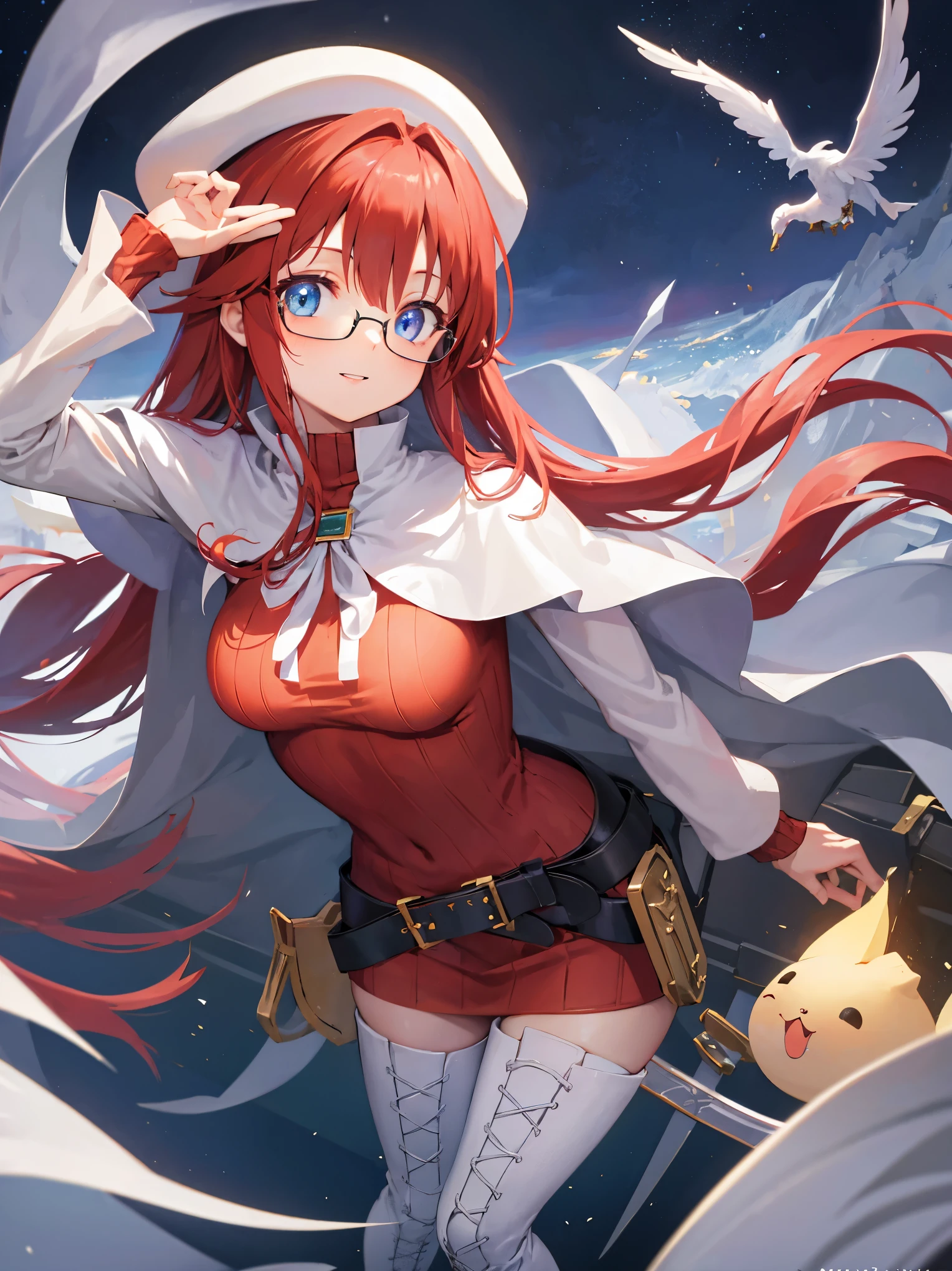 summonnightaty, aty, long hair, blue eyes, red hair, beret, hat, glasses,
BREAK long hair, thighhighs, hat, dress, boots, glasses, belt, cape, sweater, zettai ryouiki, beret, thigh boots, white footwear, ribbed sweater, loose belt,solo,
BREAK outdoors, fantasy,on_a_ship,
BREAK (masterpiece:1.2), best quality, high resolution, unity 8k wallpaper, (illustration:0.8), (beautiful detailed eyes:1.6), extremely detailed face, perfect lighting, extremely detailed CG, (perfect hands, perfect anatomy),covered_nipples,covered_navel,light_smile ,(half_eyes:1.4),long_sword,edge,armpit,sleepy,dynamic_standing,red_sweater,apart_legs,magical_effect,pulmp,big_tits,light_open_mouth,prepare_a_sword