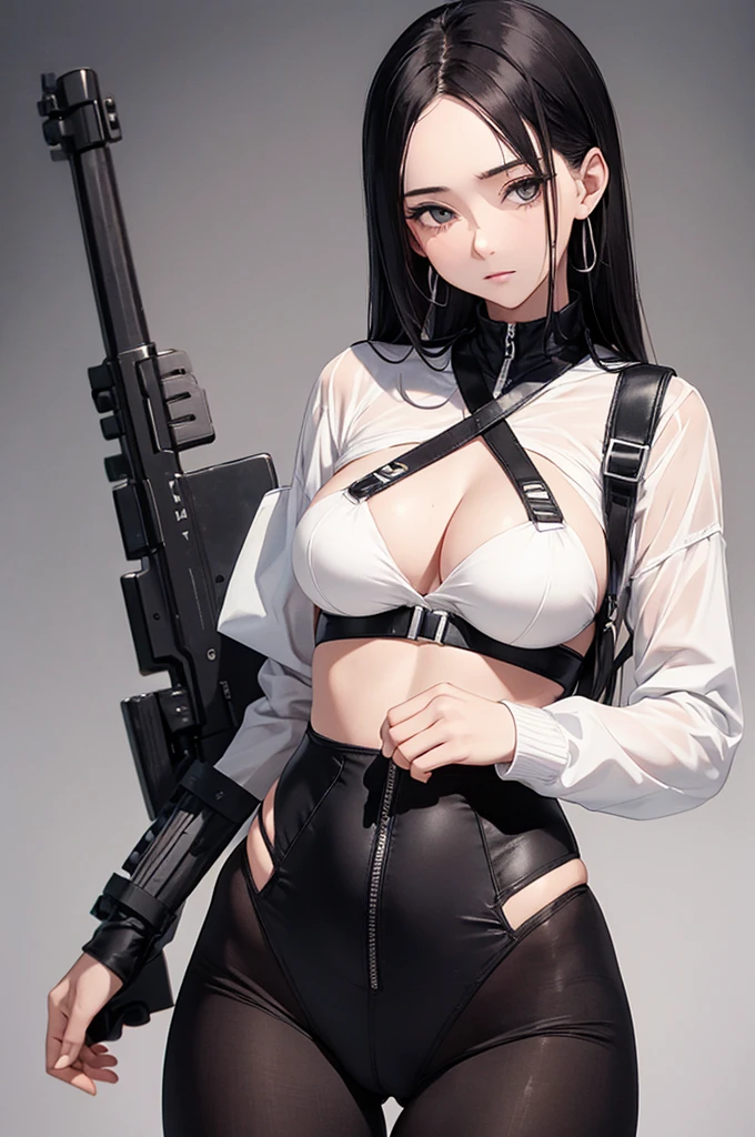 (masterpiece, best quality:1.2), 1 girl, Solitary ,With a sniper rifle, Sexy , Blue Jacket , Tailored jeans , (Cowboy shooting) , Black Hair , White top