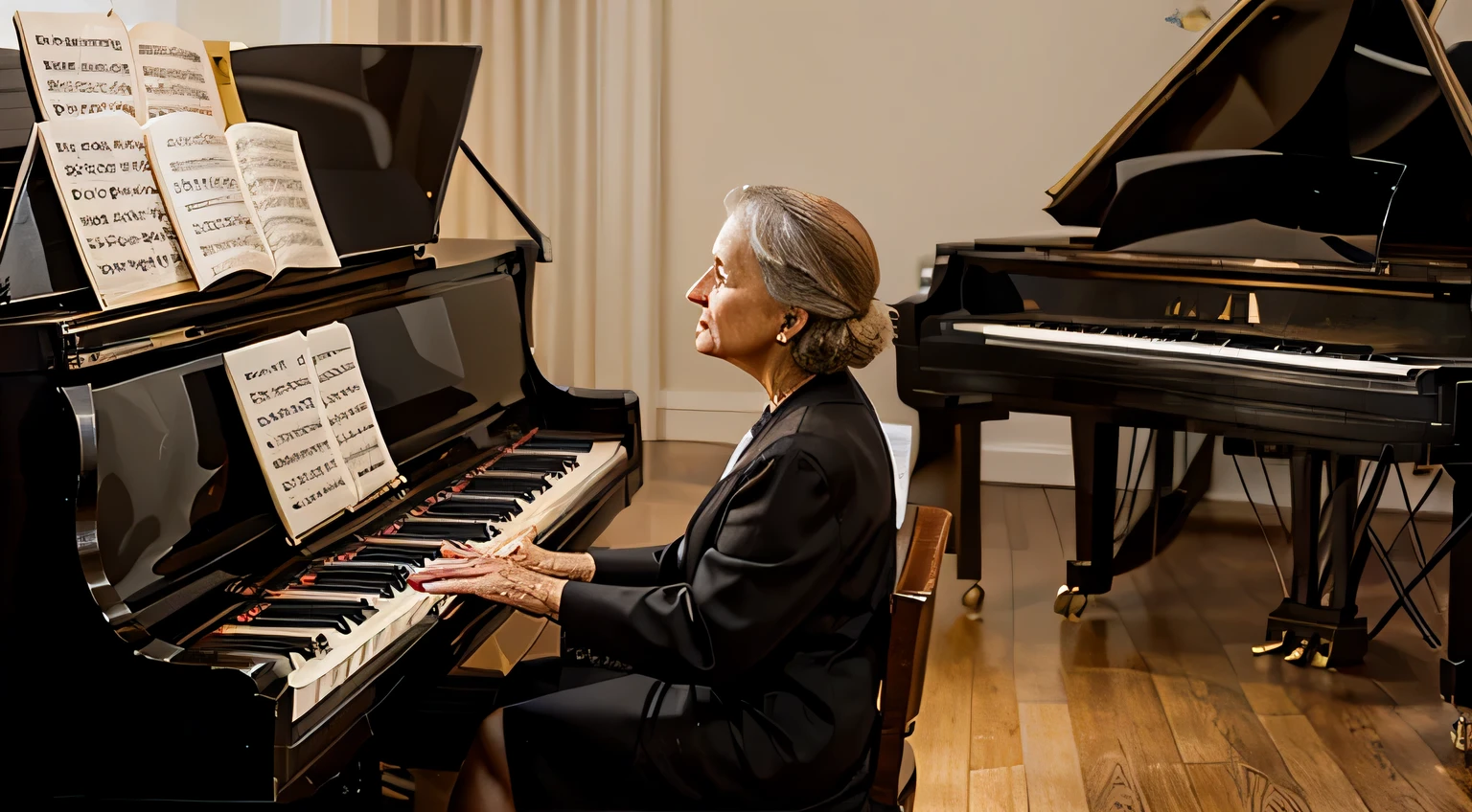 arafed image of a old woman playing a piano with Music notes, pianista, tocar piano, Energetic jazz piano portrait, Music being played, Music in the air, promo art, exquisite digital illustration, piano, masterful composition!!!, artistic illustration, Music, artistic rendering, obras de arte deslumbrantes, artistic!!! composition, pianos, Music poster, grand piano, bela obra de arte