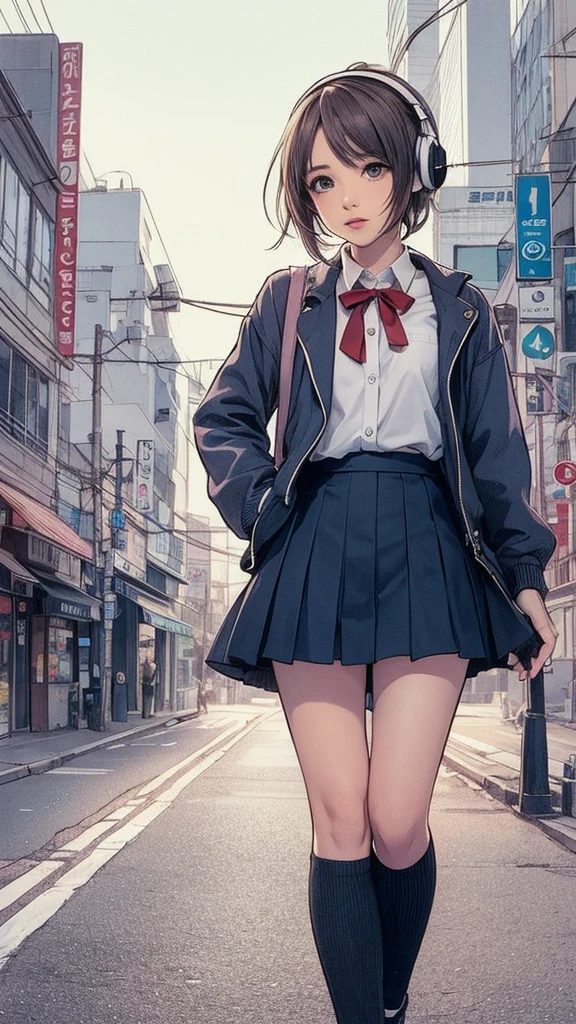 Anime Girls with headphones on walking across a busy city street, Beautiful anime school girl, Lofty Girl, Anime atmosphere, Anime Style 4 k, young Anime Girls, Anime Aesthetics, an Anime Girls, Anime Style illustration, retro Anime Girls, Anime Style. 8k, City Girl Fan Art, Tokyo Anime Scene, Anime Girls, Digital anime illustration, modern Anime Style