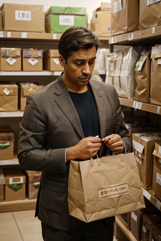 "A worried businessman stands in front of an assortment of paper bags, ponderando sobre qual escolher. He realizes that the right packaging can make all the difference in his customers' shopping experience, and this is crucial to the success of your business." Estilo de imagem PIXAR