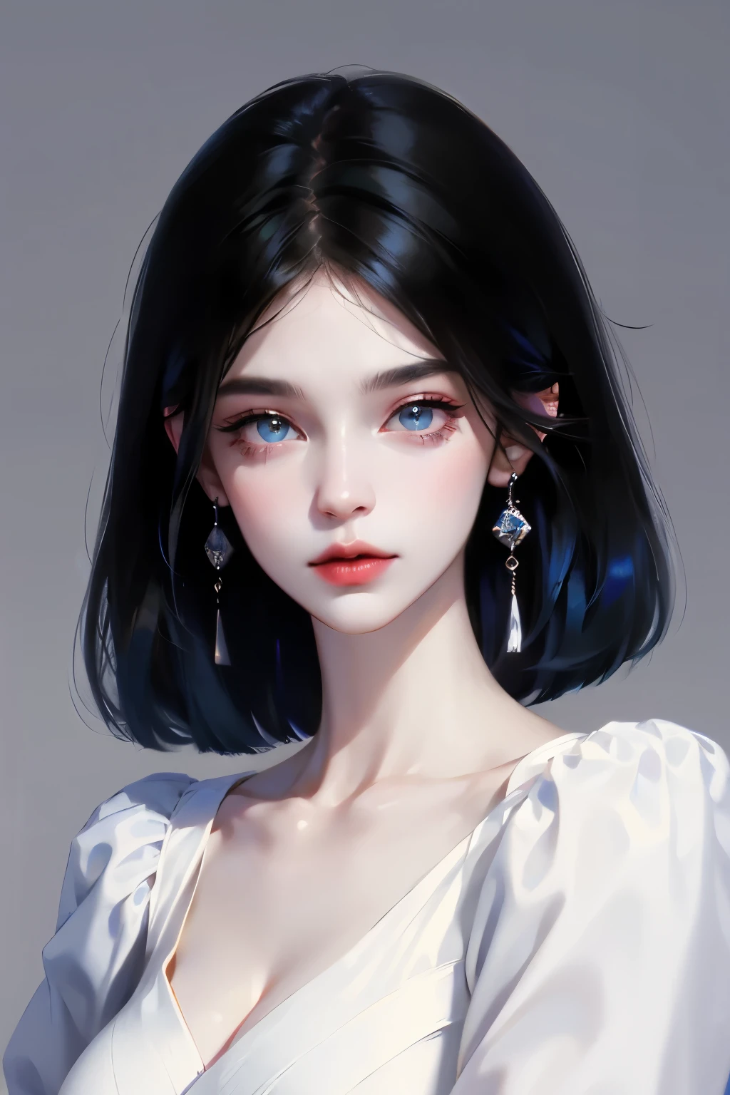 1 female, Black Hair, Blue pupils, Delicate face, Lovely, Love Earrings, White Dress, 