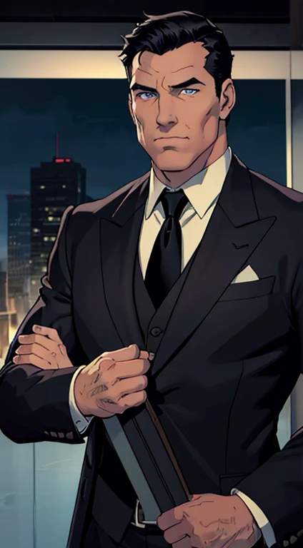 1 man, Bruce Wayne (Batman), muscular male, daddy, large pectorals, male focus, middle-aged man, black hair, short hair, blue eyes, smirks, face focus, black tuxedo suit, black necktie, upper body shot, skycrapers, ((masterpiece)), nightime