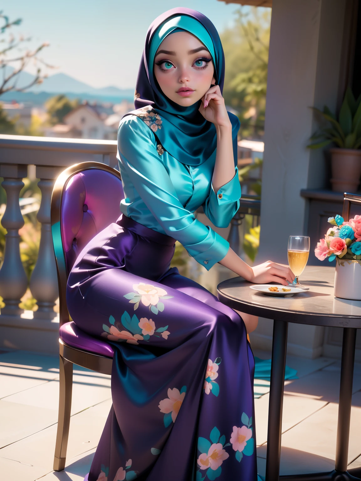 ((Masterpiece, best quality, photography, detailed skin, realistic, photo-realistic, 8k, highly detailed, full length frame, High detail RAW color art, diffused soft lighting, shallow depth of field, sharp focus, hyperrealism, cinematic lighting, hijab, a woman in a beautifully makeup, smokey eyeshadow, beautiful big eyes, long eye lashes, wearing (Dark purple satin hijab), loosely tide hijab style, ((Teal floral satin shirt)), ((Teal satin long maxi skirt)), sitting on chair, balcony, enjoying nature view, elegant pose