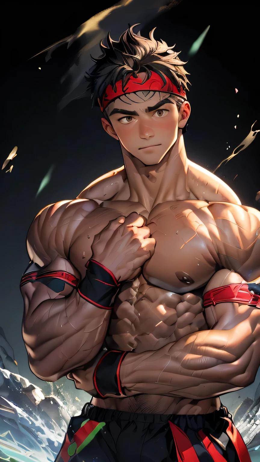 (Masterpiece, Best quality 19 year old boy, black background, bust shot, (shoot from front), looking up), solo, Young, boy, muscler, Shirtless, topless, (Dark Short straight hair, under cut, brown eyes), (torn clothes, red headband, ((black wristband))), Vivid colors, (hot Abs:1.2, abs!, big abs, big breast:1.2, chest!, muscler upper arms), (topless male), muscler!, muscler, muscler body, (aura power:1.4), detailed face, detailed muscle, (((A magical mystical aura, rippling muscles, fighting pose)))