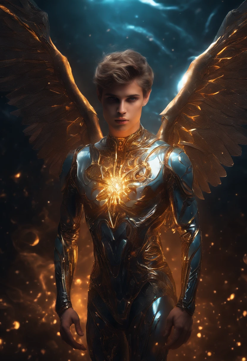 Handsome Cosmic Fallen twink Angel, glowing light eyes, Biomechanical, eerie, ((sexy and Creepy)), nightmarish, Very bright colors, Light particles, with light glowing, Mshiff, wallpaper art, UHD wallpaper well lit cute boyish face blending seamlessly into biomechanical fallen twink angel body, full body painting
