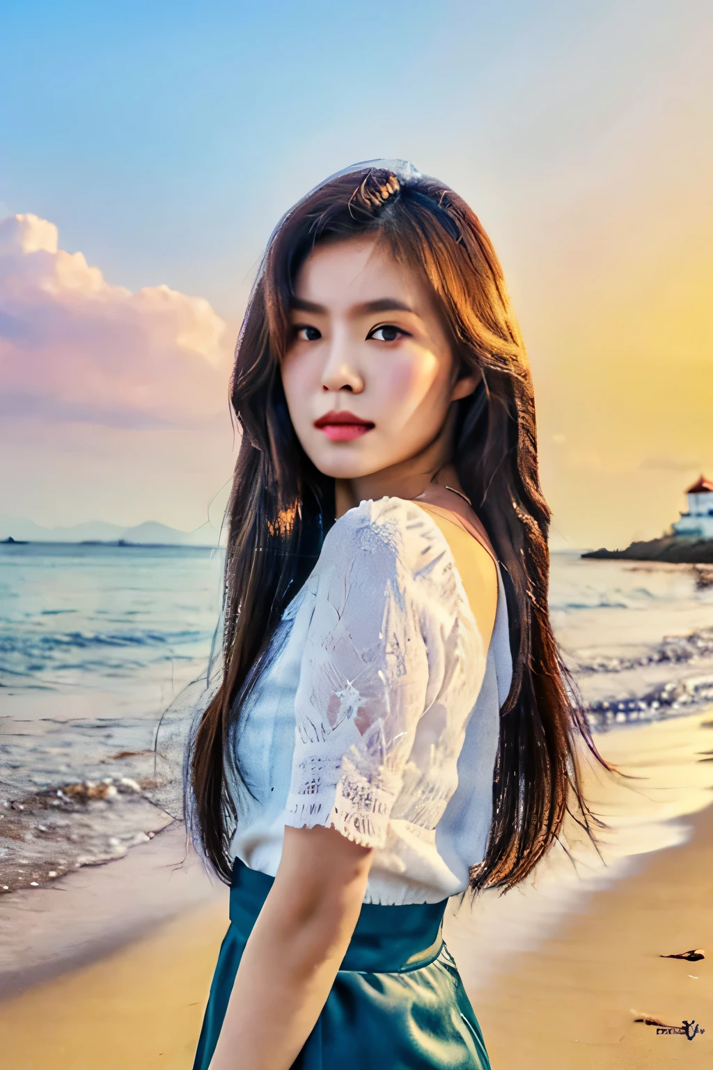 Best quality,HD, 4K, masterpiece, realistic image, distortion lights, Camera photos,A beautiful Thai girl stands looking at me, on the beach by the sea, with a lighthouse, as the sun is about to set.