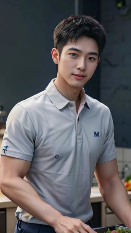 1 man, smile, (Wear a navy polo shirt.: 1.3), round neck, short sleeve shirt), Camouflage pants ,, Korean guy , korean men, (High gloss details), chest muscles, , looking at the audience, Balancing the eyes, (Make eye contact),(in the kitchen: 1.4)