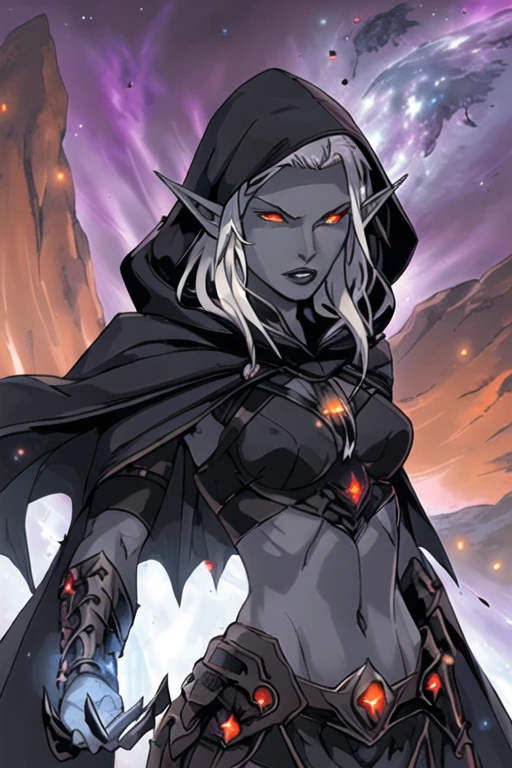 drow, female, pointy ears, solo, elf, navel, hood, colored skin, midriff, long hair, cloak, dark elf, breasts, white hair, hood up, cape, armor, medium breasts, hooded cloak, belt, pouch, red eyes, grey skin, orange eyes, upper body, glowing eyes, lips, (space, nebula, galaxy, universe, starts), cosmic, (dark magic, dark spell circle:0.8), spiky stones, altar, floating rocks, (volumetric lighting:1.1), (masterpiece, best quality:1.1),