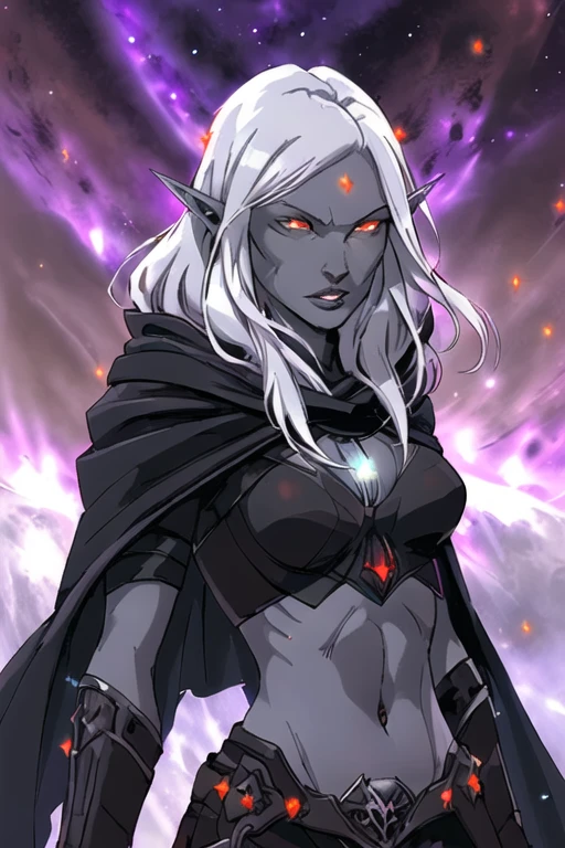 drow, female, pointy ears, solo, elf, navel, hood, colored skin, midriff, long hair, cloak, dark elf, breasts, white hair, hood up, cape, armor, medium breasts, hooded cloak, belt, pouch, red eyes, grey skin, orange eyes, upper body, glowing eyes, lips, (space, nebula, galaxy, universe, starts), cosmic, (dark magic, dark spell circle:0.8), spiky stones, altar, floating rocks, (volumetric lighting:1.1), (masterpiece, best quality:1.1),