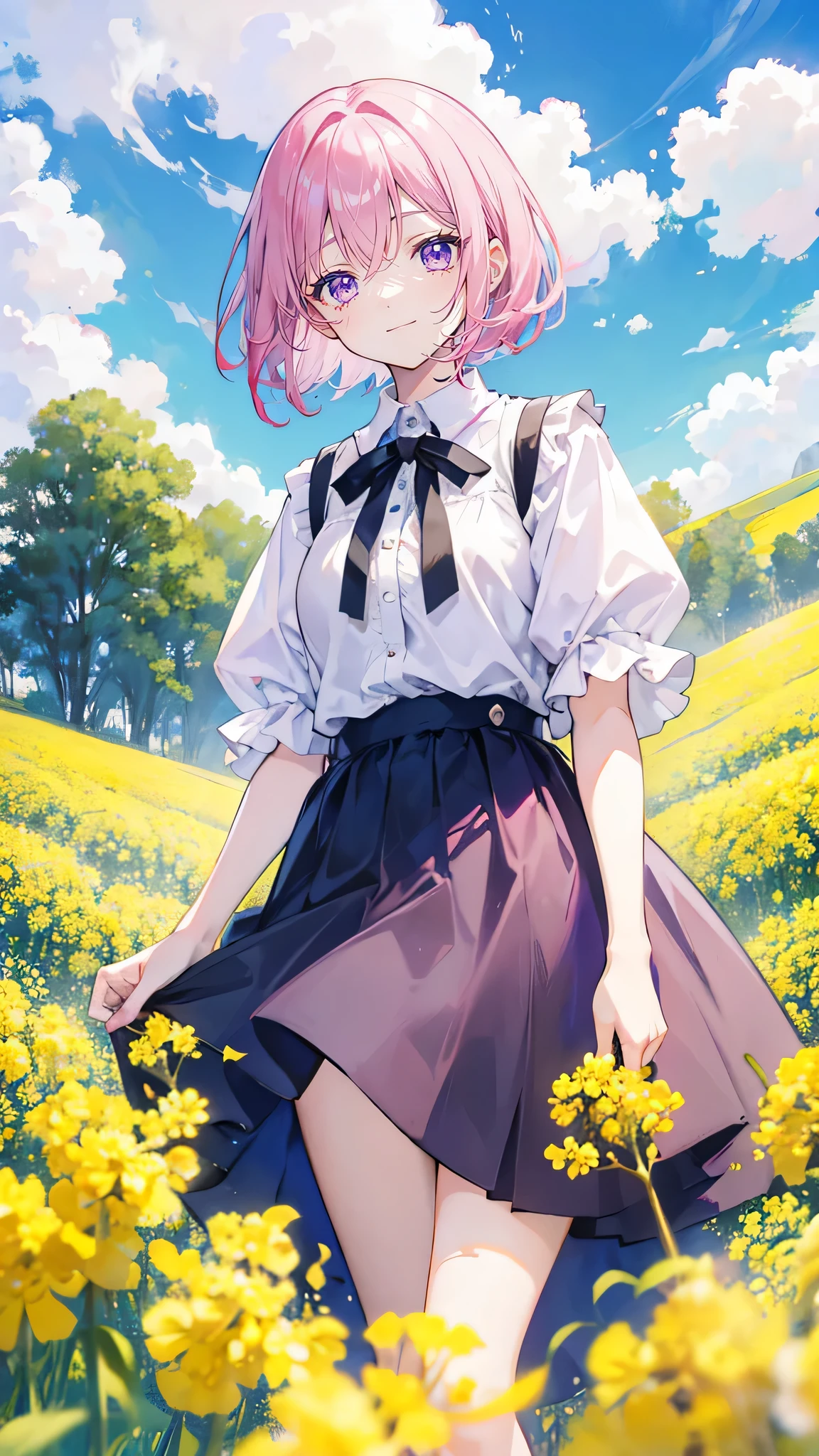 Pink hair，Purple Eyes，short hair，sister head，Black hairpin，Girl，cute，Laughing happy expression，White shirt，skirt，Standing on the ground，whole body，Don't show your arms，Canola flowers in the background，Lots of canola flowers，Blue sky and white clouds