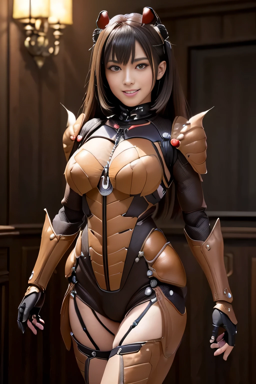 (high resolution,masterpiece,best quality,extremely detailed CG, anime, official art:1.4), realistic, photo, amazing fine details, all intricate, gloss and shiny,awesome many layers, 8k wall paper, 3d, sketch, kawaii, illustration,( solo:1.4), perfect female proportion,villainess, (fusion of dark brown cockroach and lady:1.4), (brown cockroach form lady:1.2), (brown cockroach lady:1.2), (fusion:1.2), (solo:1.4), (evil smile:1.2), muscular, abs, (cockroach brown exoskeleton bio insect suit:1.4), (cockroach brown exoskeleton bio insect armor:1.2), (brown transparency cockroach wing:1.4), (brown cockroach antennae:1.3),