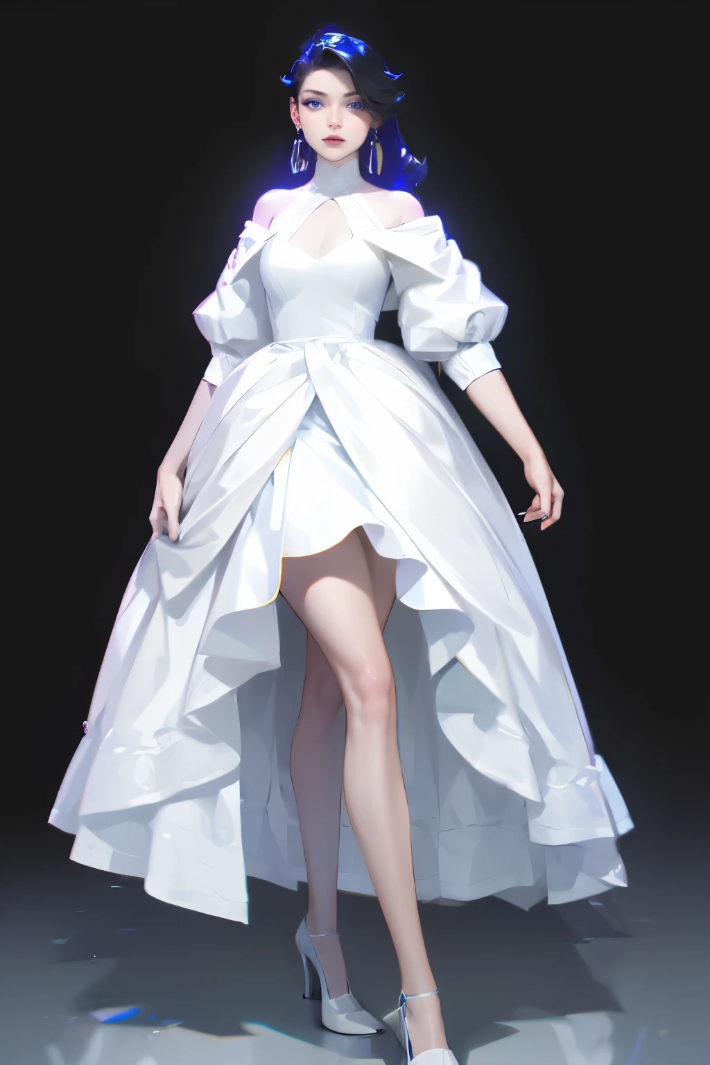 1 female, Black Hair, Blue pupils, Delicate face, Lovely, Love Earrings, White Dress, Standing in front of the bureau, Surreal
