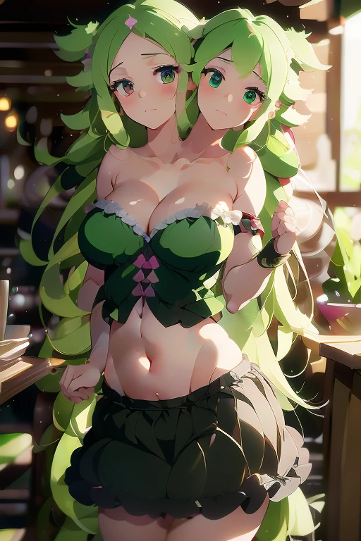 (masterpiece, best quality), best quality, best resolution, (ultra-detailed), (3heads:1.5), 1girl, (fuma mishandra:1.3), masterpiece, best quality, ultra quality, ultra resolution, ultra detail, black top, crop top, ((stomach)), midriff, ((groin)), black skirt, miniskirt, normal ears, shackles, green hair, very long hair, wavy hair, sidelocks, green eyes, parted lips, open belly, sweat, cute, toned belly, hand on own chest, eyelashes, (24 year old woman:1.3), (masterpiece:1.5), (best quality:1.5), (beautiful detailed), extremely detailed CG, extremely delicate and beautiful, depth of field, (finely detailed face), (perfect details:1.2), (mature female:1.3), wide pelvis, slender, large veiny breast, 16k resolution, highres, high quality, high definition, extremely detailed, masterpiece, green hair, long hair, alluring presence, twin braid, short skirt, close up, big tits, young, girl with three heads,