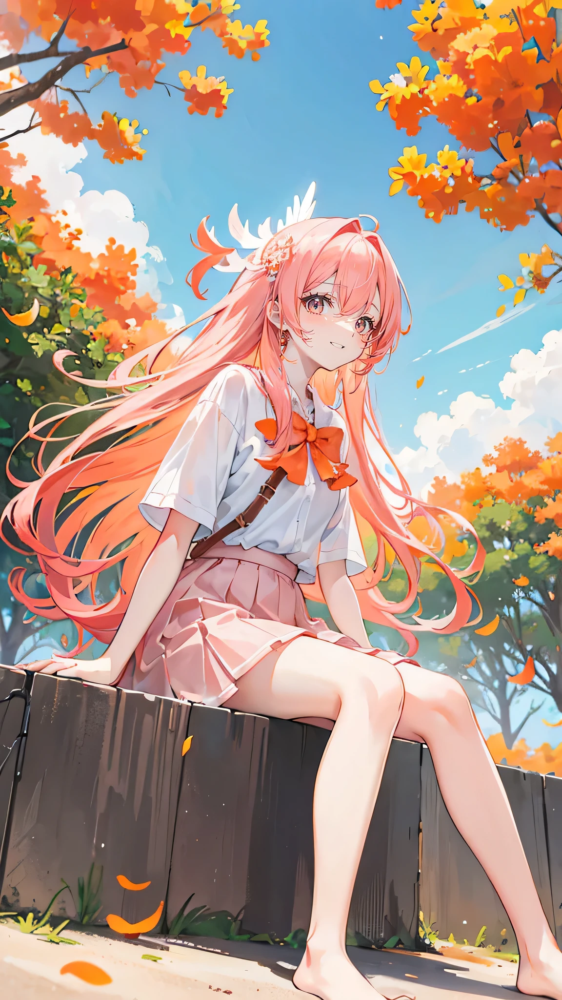 Coral pink hair,Long hair,hair over one eye,Gray eyes,feather hair ornament,cute,Girl,laughing expression,,Happy and happy expression,White shirt,skirt,Sit or stand on the ground,whole body,Don't show your arms,Orange trees in the background,Lots of orange trees,Blue sky and white clouds