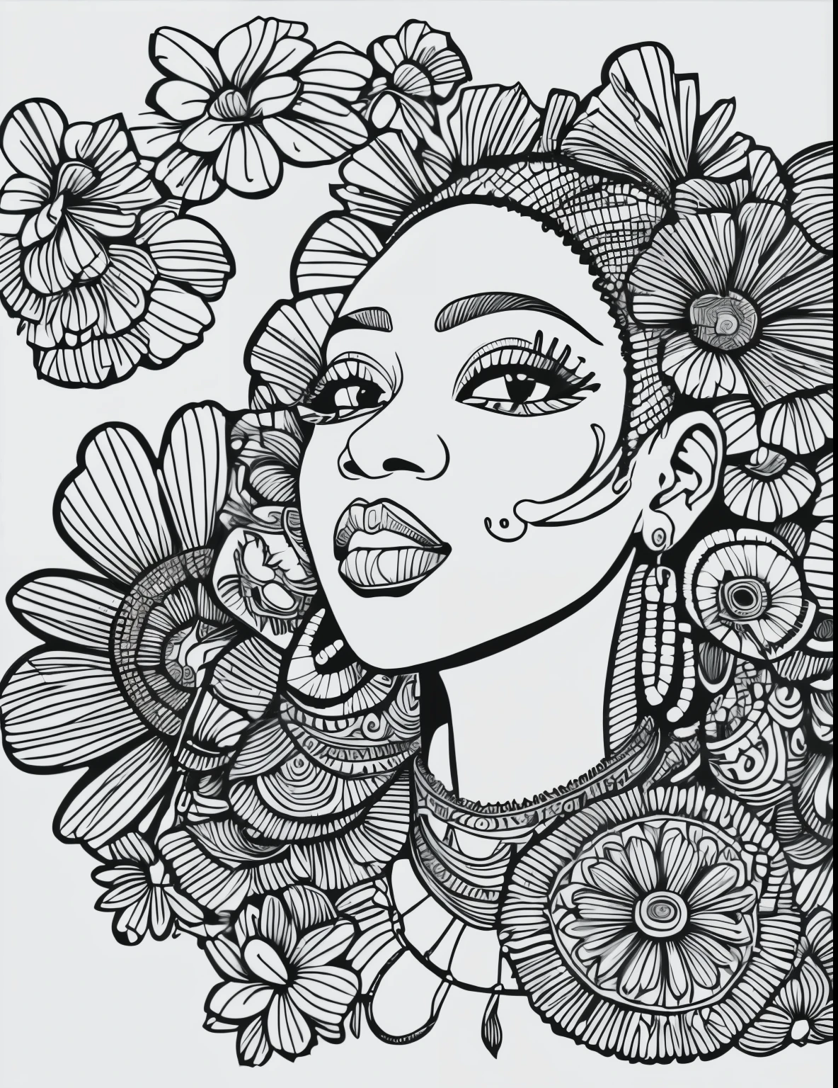 masterpiece,best quality,line art,coloring pages, hand drawn, african baddie girl(ghetto style), full background in flowers and ornaments full in details