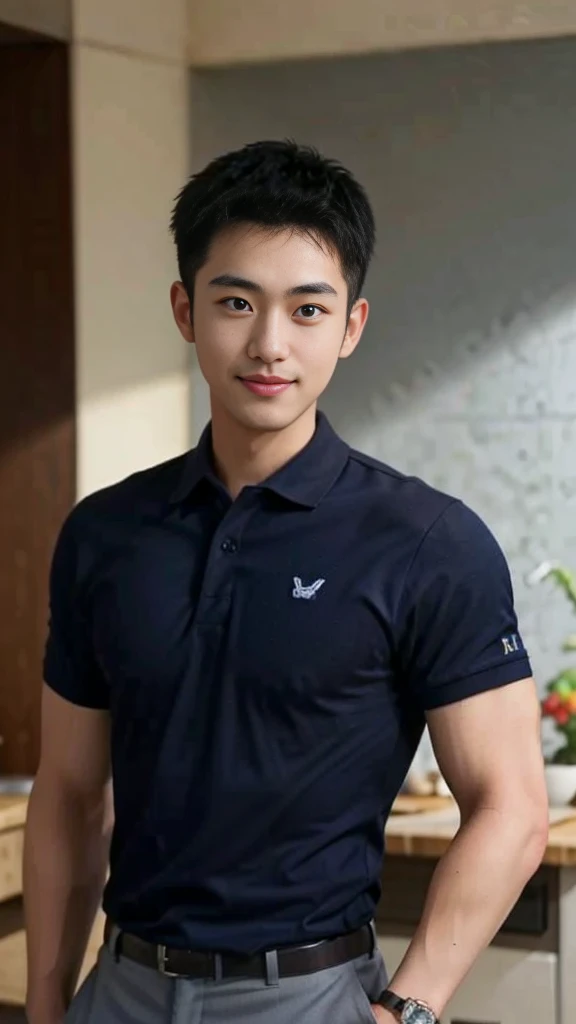 1 man, smile, (Wear a navy polo shirt.: 1.3), round neck, short sleeve shirt), Camouflage pants ,, Korean guy , korean men, (High gloss details), chest muscles, , looking at the audience, Balancing the eyes, (Make eye contact),(in the kitchen: 1.4)