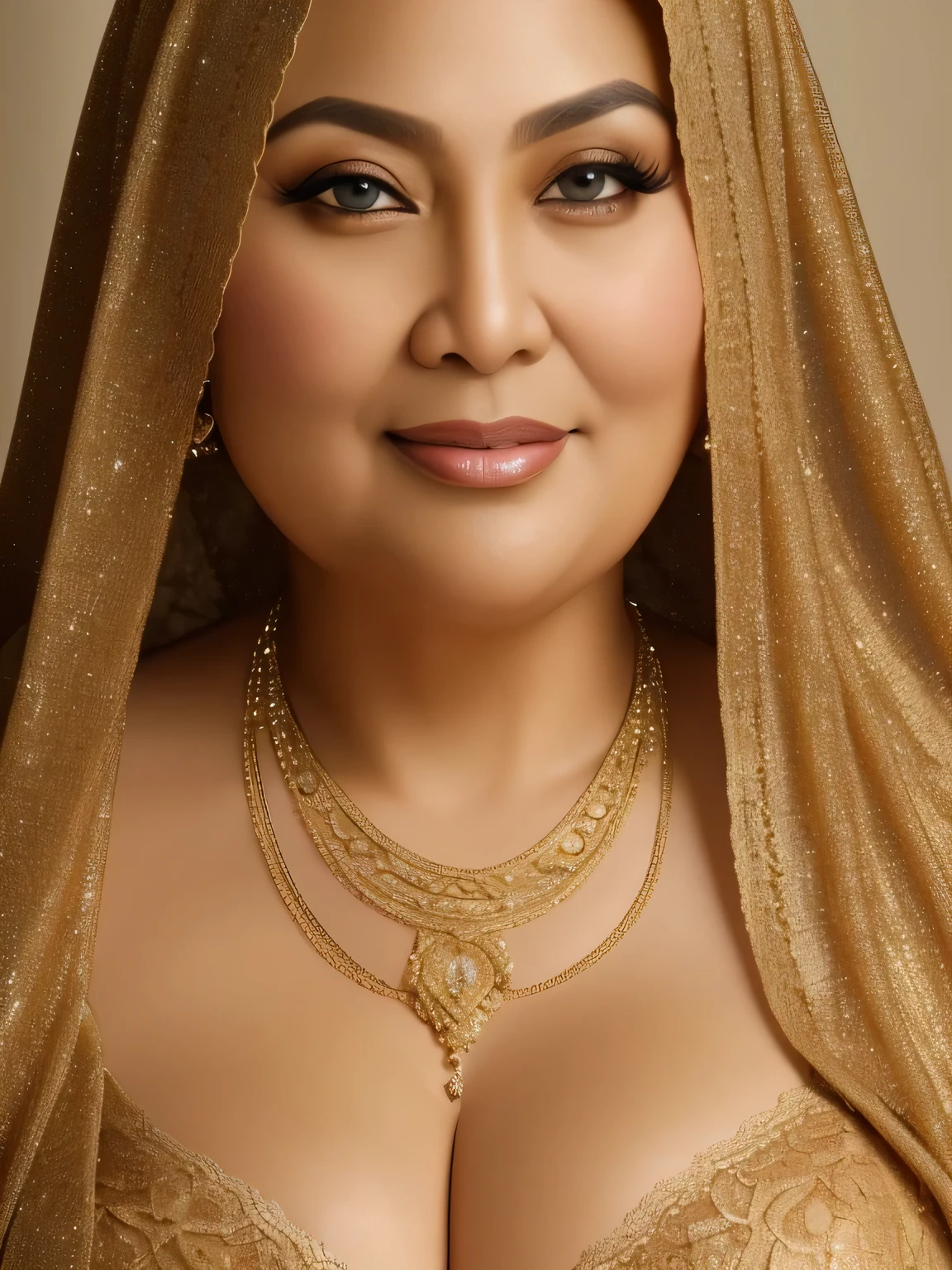 ((Realistic)) ((masterpiece)) (hijab) 62 Years old, (beautiful Brunei woman face) , (high class fat lady) (curvy sexy body shape) (gorgeus eyes), (natural makeup) wearing lace bra, perfect, (natural saggy big breast : 96.9, ) (gorgeous eyes), Soft smile, golden necklace, Breast about to burst Out shape showing, professional photography with natural lighting