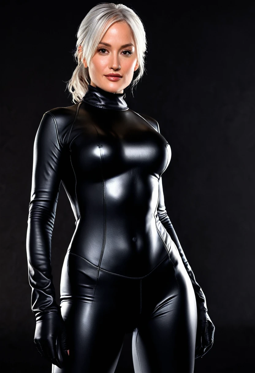 3d, CGI, Render, realistic, realism, photo-realistic, high contrast, (photorealistic:1.4), (perfect female figure), 8k high definition detailed realistic, (best quality, masterpiece:1.2), photon mapping, radiosity, physically-based rendering, best quality, highly detailed, Minka Kelly, spblackcat, fullbodyshot, , white hair, black leather catsuit, looking at viewer, night city background , domino mask