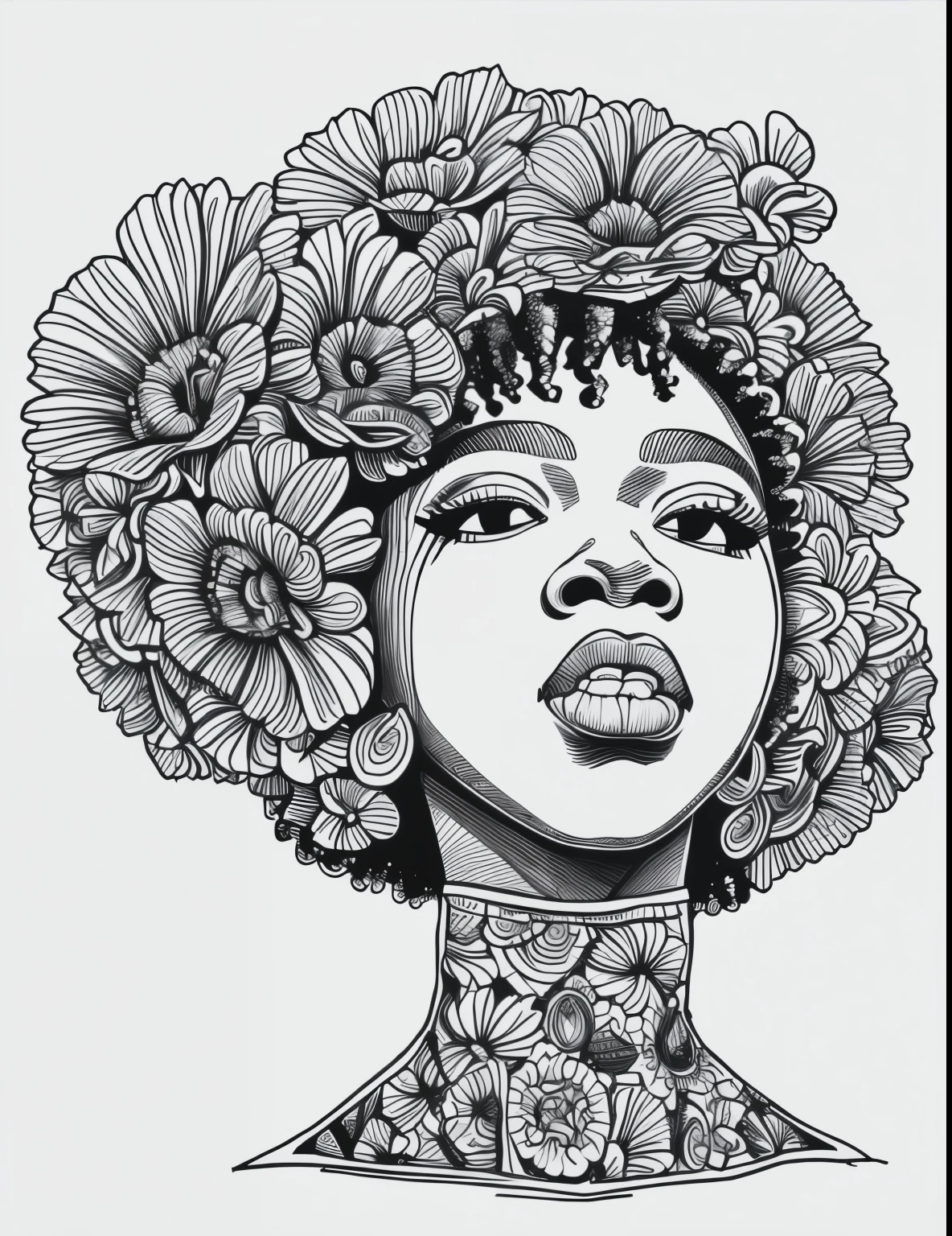 masterpiece,best quality,line art,hand drawn, afro-american baddie girl(ghetto style), flowers in background