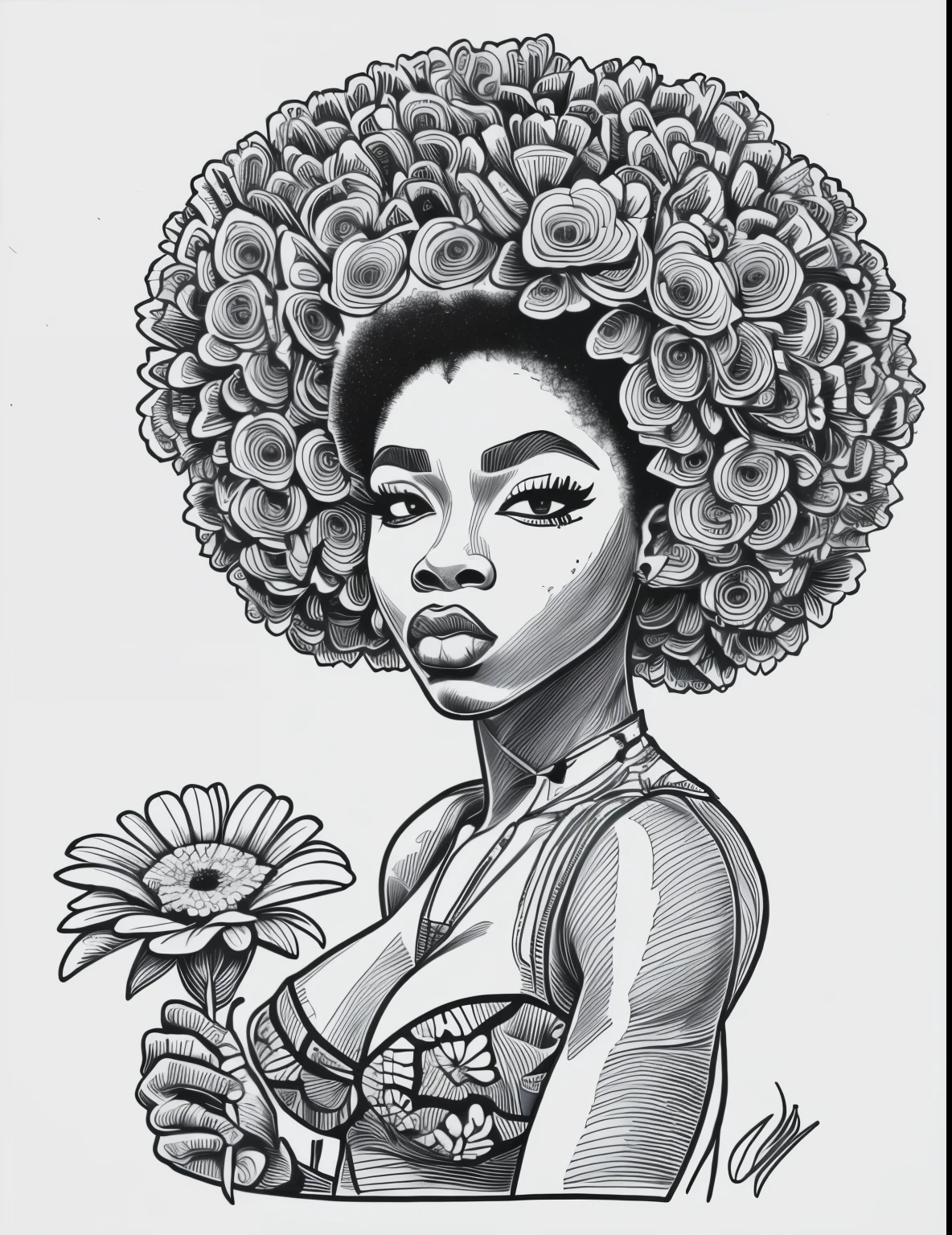 masterpiece,best quality,line art,hand drawn, afro-american baddie girl(ghetto style), flowers in background