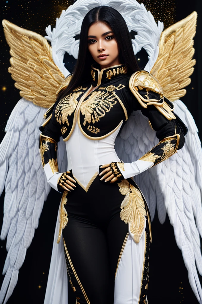 Best quality, 8K,woman, beautiful and detailed face, straight long hair,big eyelashes,(((black and gold embroided space armour))),((big open angel´s WHITE wings)),armlets,black belt,(((HANDS ON HIPS))),high heels over the knee boots,white neutral scenario,DYNAMIC ANGLE, ((dynamic pose))