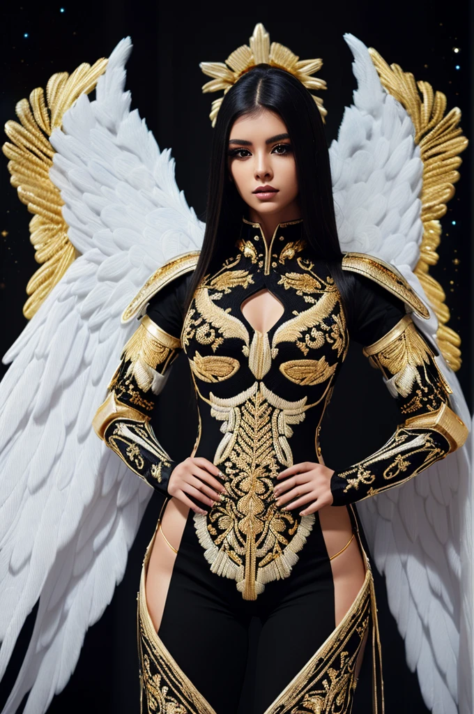 Best quality, 8K,woman, beautiful and detailed face, straight long hair,big eyelashes,(((black and gold embroided space armour))),((big open angel´s WHITE wings)),armlets,black belt,(((HANDS ON HIPS))),high heels over the knee boots,white neutral scenario,DYNAMIC ANGLE, ((dynamic pose))