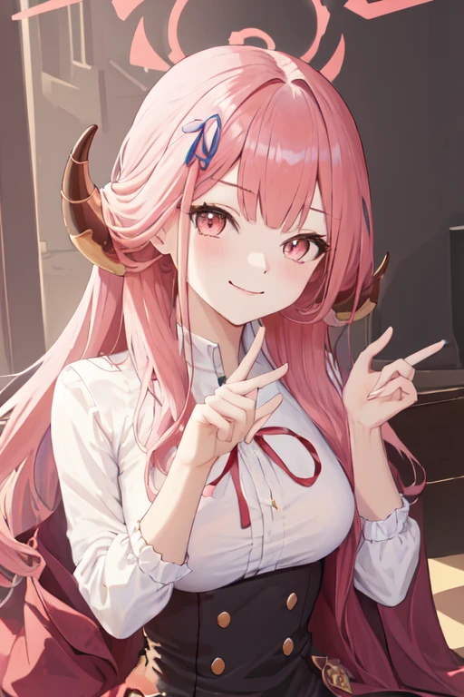 highest quality, masterpiece, High resolution, alone, {got it_Blue Archive:1.15}, horn, 前hair, length_hair, pink_hair, Hello, ribbon, smile, head_ribbon, red面, chest, red_ribbon, yellow_eye