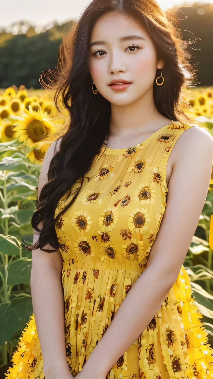 a beautiful girl, plump curvy body, long hair, sleeveless yellow and green dress, short skirt, sunflower, blue sky morning vibes, photorealistic, highly detailed, oil painting, vibrant colors, natural lighting, serene, peaceful, (best quality,4k,8k,highres,masterpiece:1.2),ultra-detailed,(realistic,photorealistic,photo-realistic:1.37)