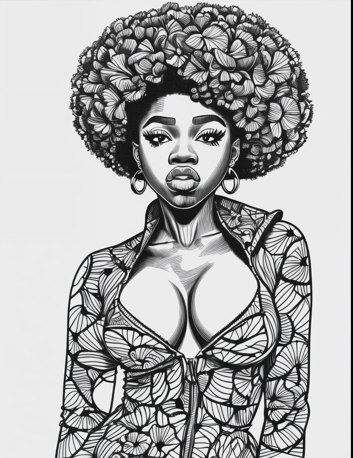 masterpiece,best quality,line art,hand drawn, afro-american baddie girl(ghetto style), flowers in background