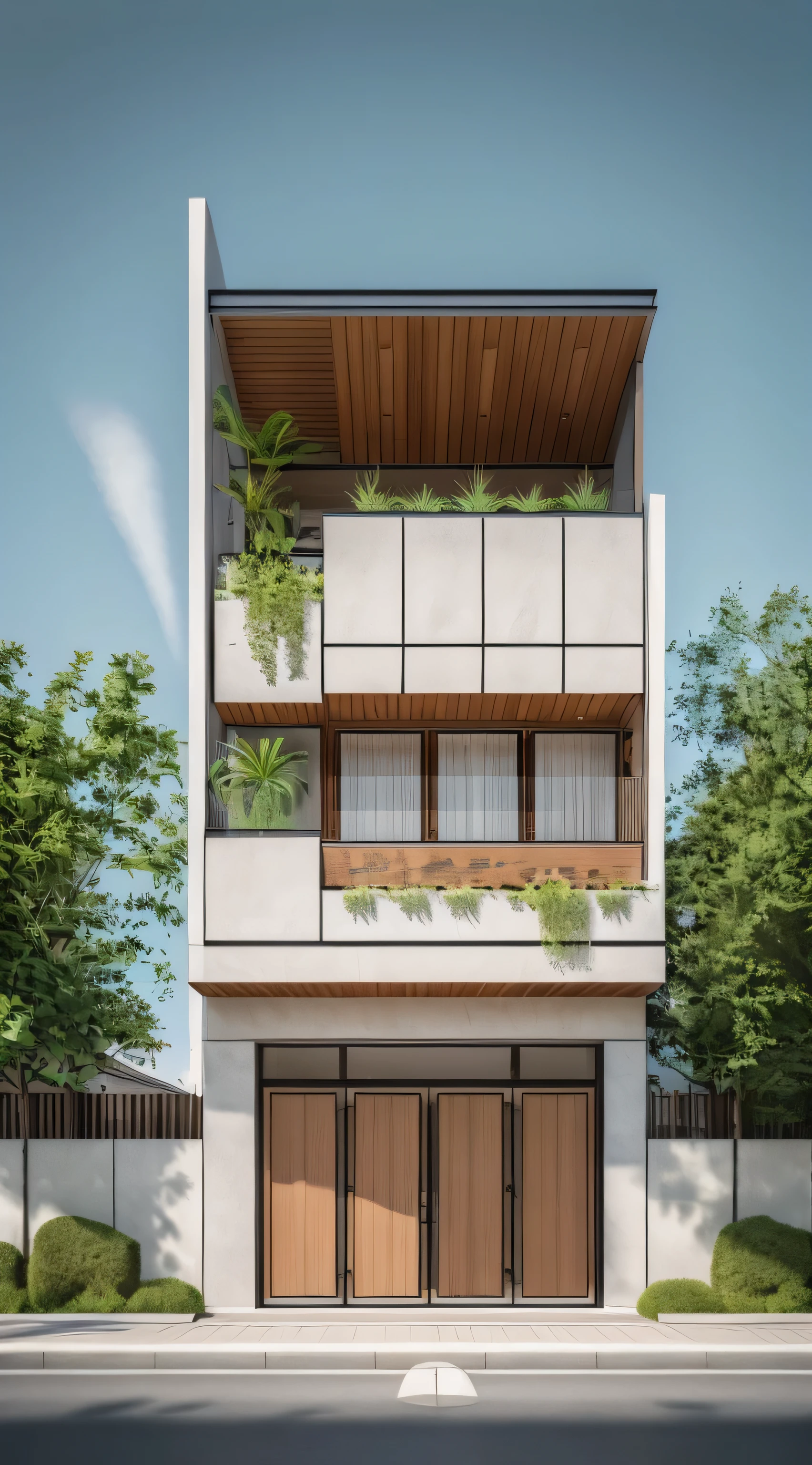 modern townhouse, street view, plants, ((streetcapes)), nice day, (stone on facade) door, window, ceiling downlight,[stone fence], (wood:0.6), clear sky, RAW photo, (high detailed skin:1.2), 8k UHD, DSLR, soft lighting, high quality, film grain, Fujifilm XT3
