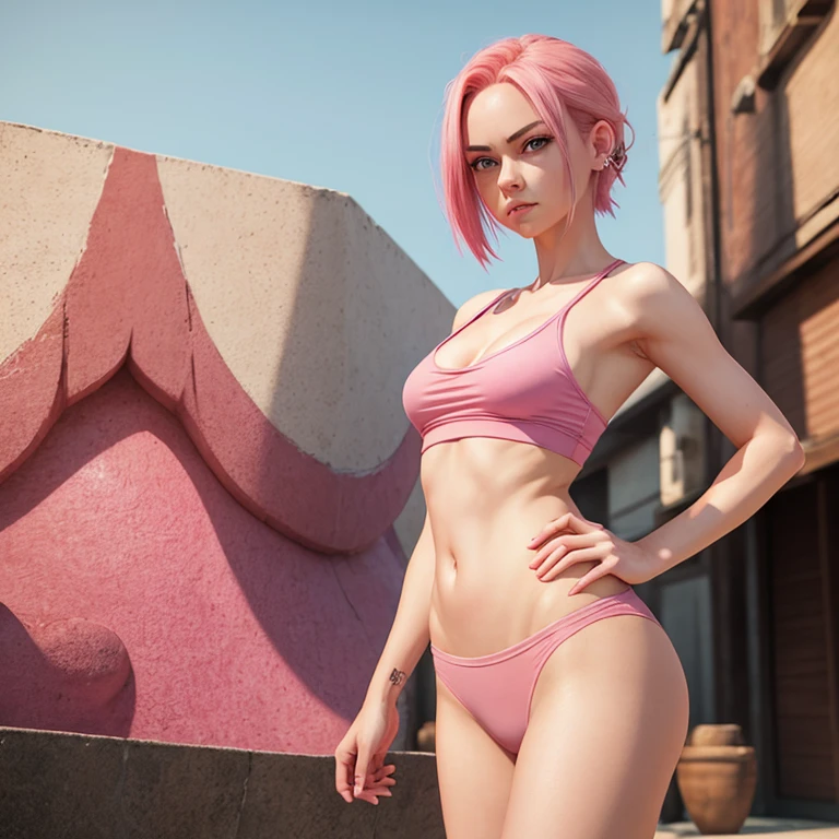 young woman, short shoulder-length pink hair, wide forehead, porcelain skin, pink eyebrows, big emerald green eyes, buttoned nose, full lips, heart-shaped face, slender body, small breasts, red tank top, Sakura Haruno , realistic, realism, details, 3d, well detailed
