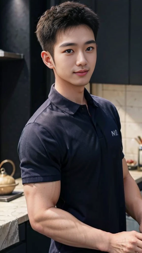 1 man, smile, (Wear a navy polo shirt.: 1.3), round neck, short sleeve shirt), Camouflage pants ,, Korean guy , korean men, (High gloss details), chest muscles, , looking at the audience, Balancing the eyes, (Make eye contact),(in the kitchen: 1.4)