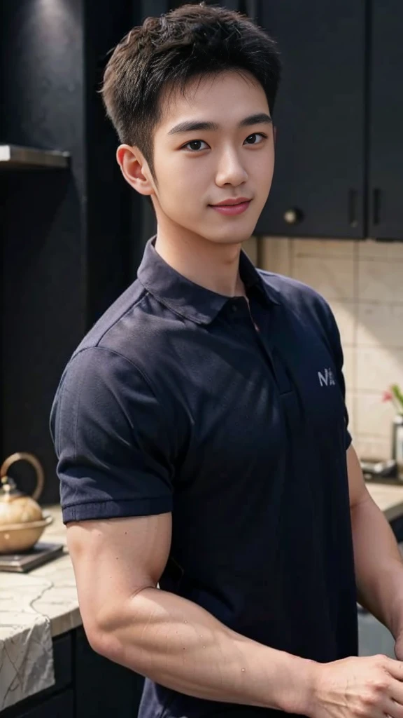 1 man, smile, (Wear a navy polo shirt.: 1.3), round neck, short sleeve shirt), Camouflage pants ,, Korean guy , korean men, (High gloss details), chest muscles, , looking at the audience, Balancing the eyes, (Make eye contact),(in the kitchen: 1.4)