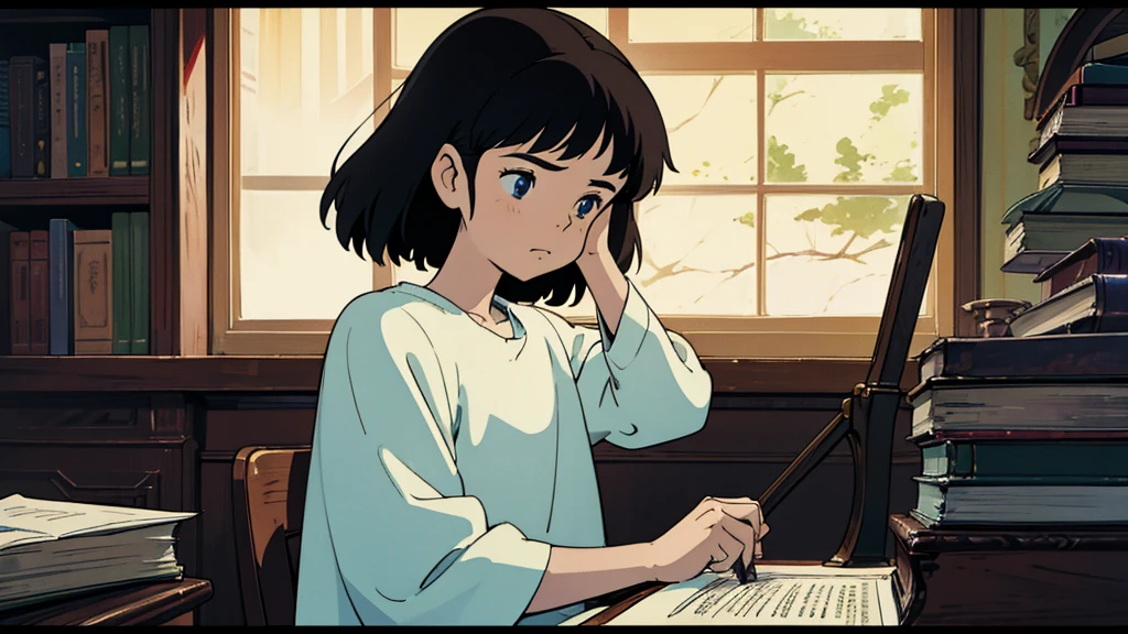 In the cozy confines of her study, a young girl sat with intense focus, her brow furrowed as she poured over her books or documents. A gentle feeling of tranquility and peace enveloped the room, the only audible sound being the soft turning of pages.

From a side view, the girl's elegance and beauty were on full display. Her long, dark hair cascaded down her shoulders, framing her delicate features. Her eyes were fixed on the text before her, her determination unwavering.

A playful kitten sat obediently by her side, observing her with curious eyes. Its soft, fluffy fur contrasted sharply with the hardcover