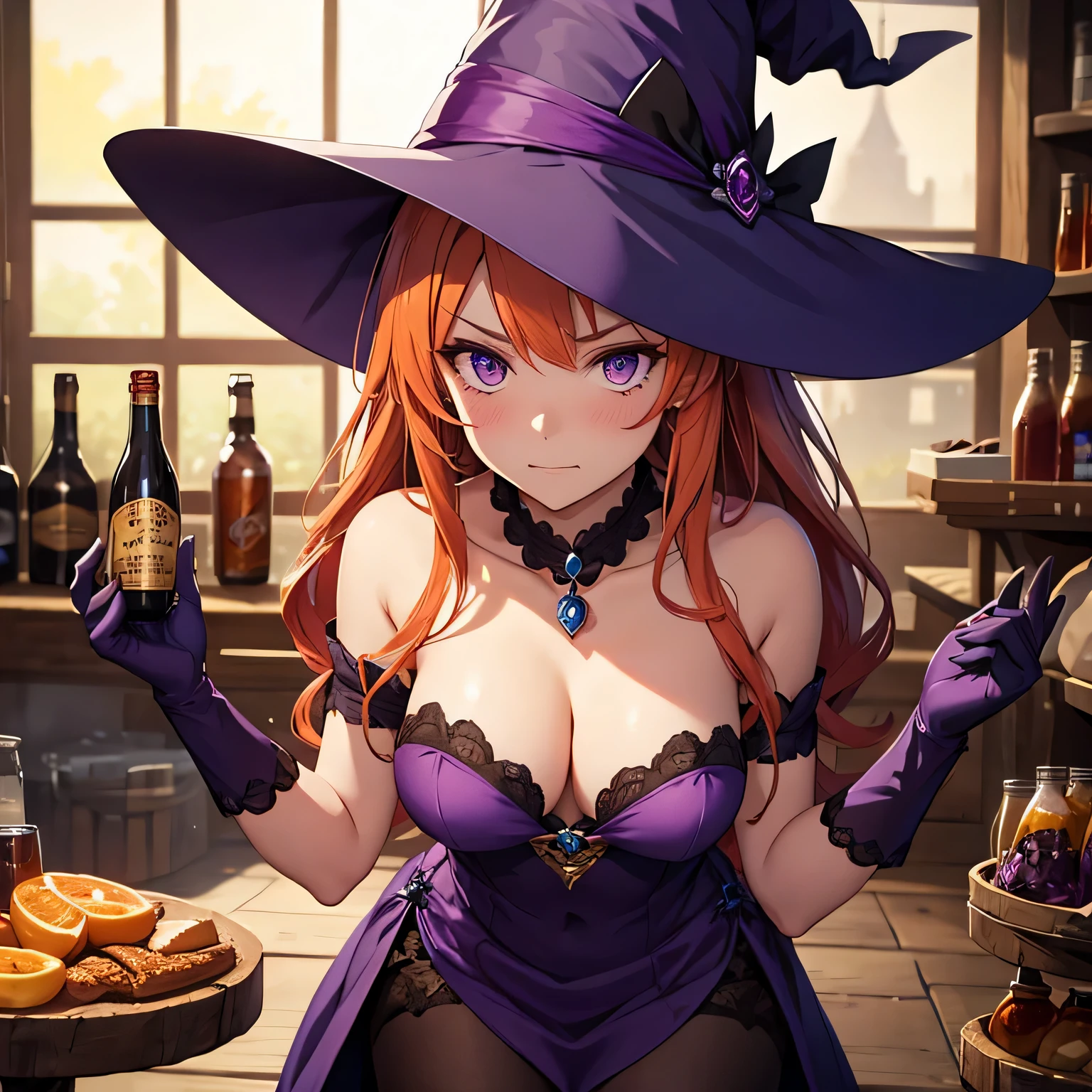 witch woman, witch's shop, shop, magical bottles, witch hat, short purple dress, shoulders, long orange hair, stockings, nervous, slightly angry, bored, hands crossed, neck purple gem amulet, small breasts, cleavage, gloves, darkened room, stands, shy blush, stand straight