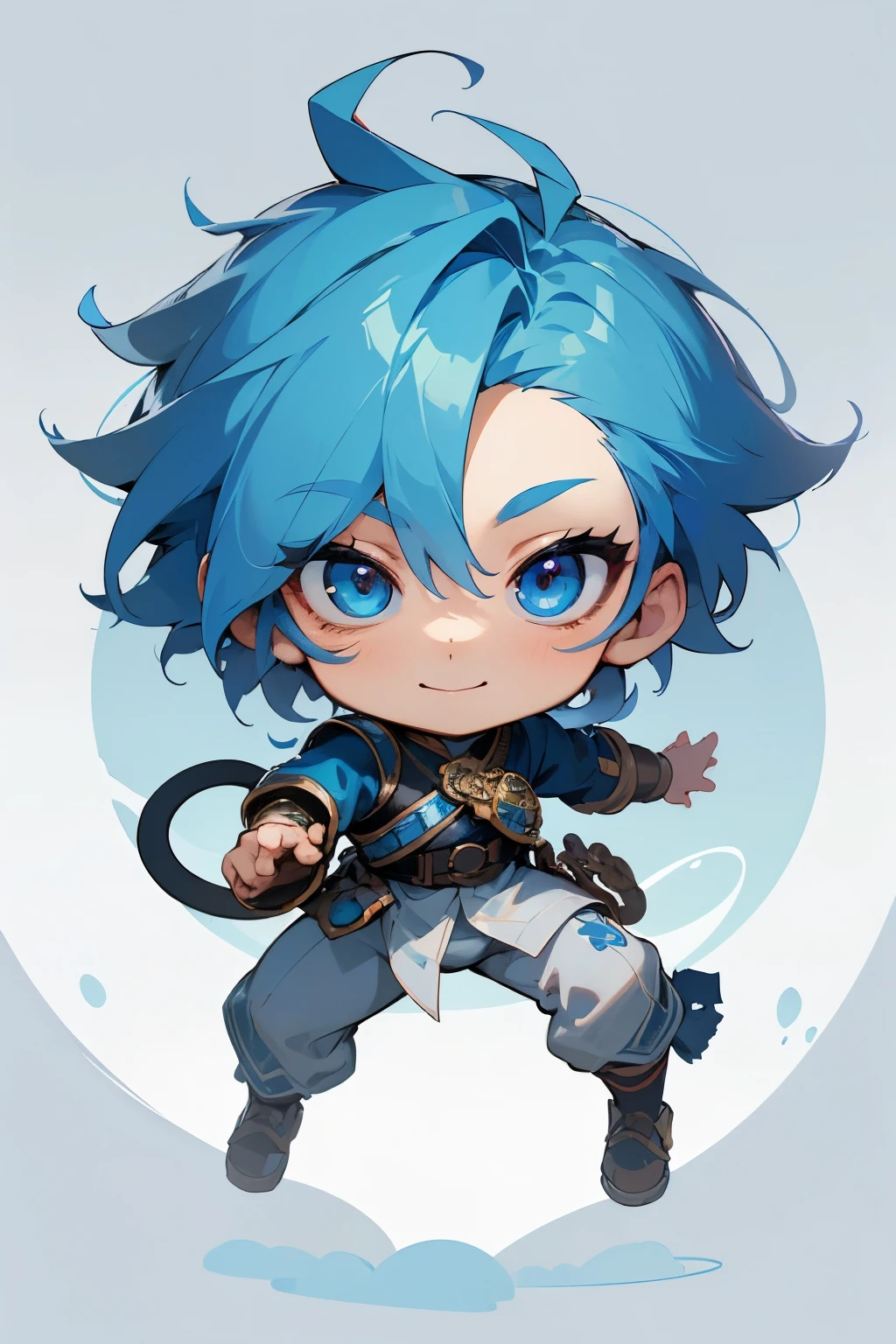boy, full body, cartoon style, chibi style, cute, monkey tail, beautiful face, smile face, blue color eye, beautiful eye, high detailed pupil, double eyeylid, high detailed skin, high quality skin, blue color hair, very short hair, white clothes, masterpiece,